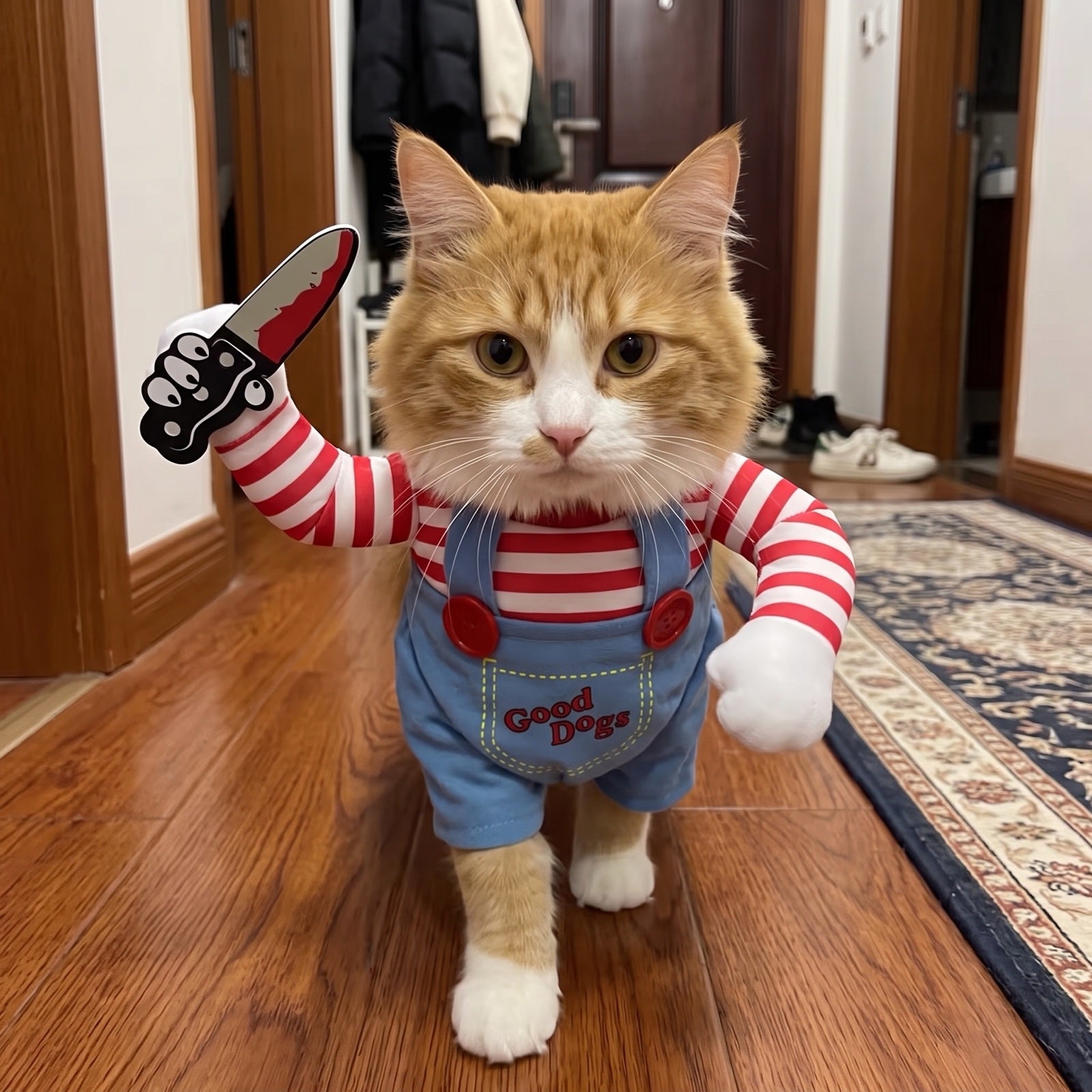 Orange cat walking down a hallway in the Killer Kittens costume