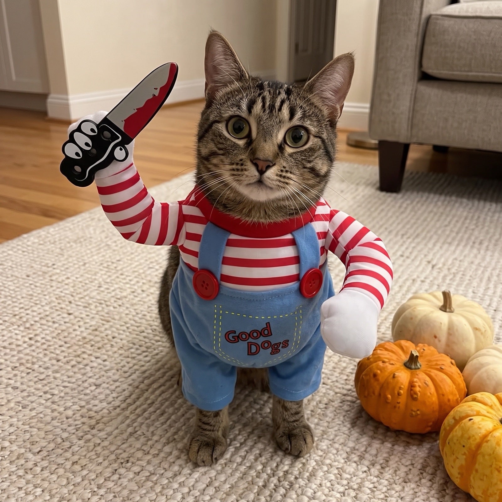 Tabby cat wearing the Killer Kittens costume beside pumpkins