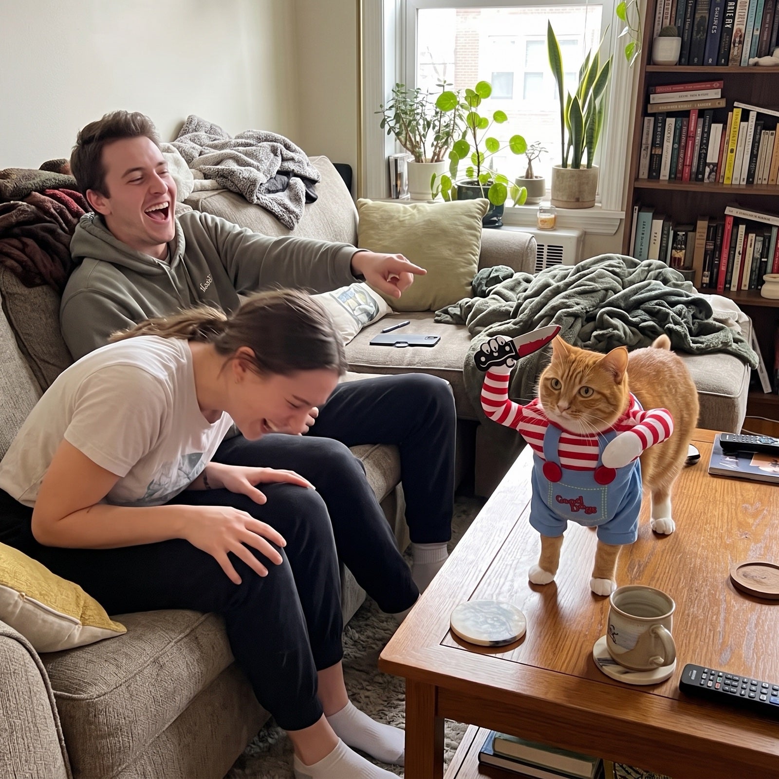 Friends laughing at an orange cat wearing the Killer Kittens costume