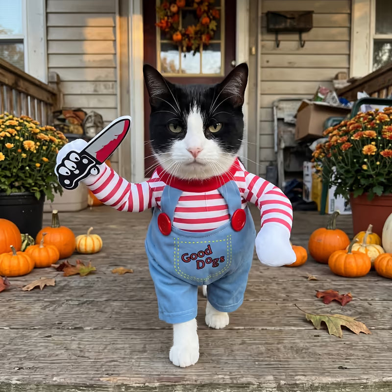 Black and white cat wearing the costume outside